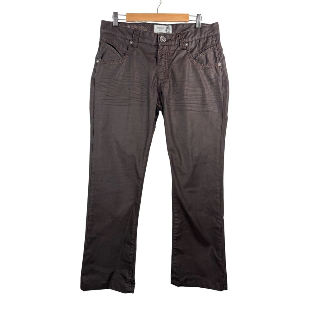 Angelino Jeans wax coated embroidered straight leg 90s moto jeans brown sz‎ 32